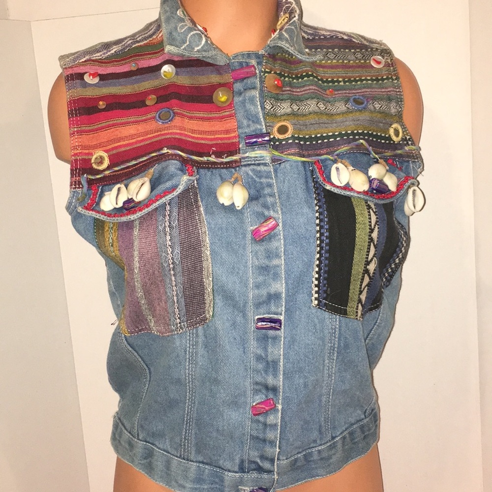 Embellished(Patch Shell Bead Mirror)Denim Vest Top - image 8
